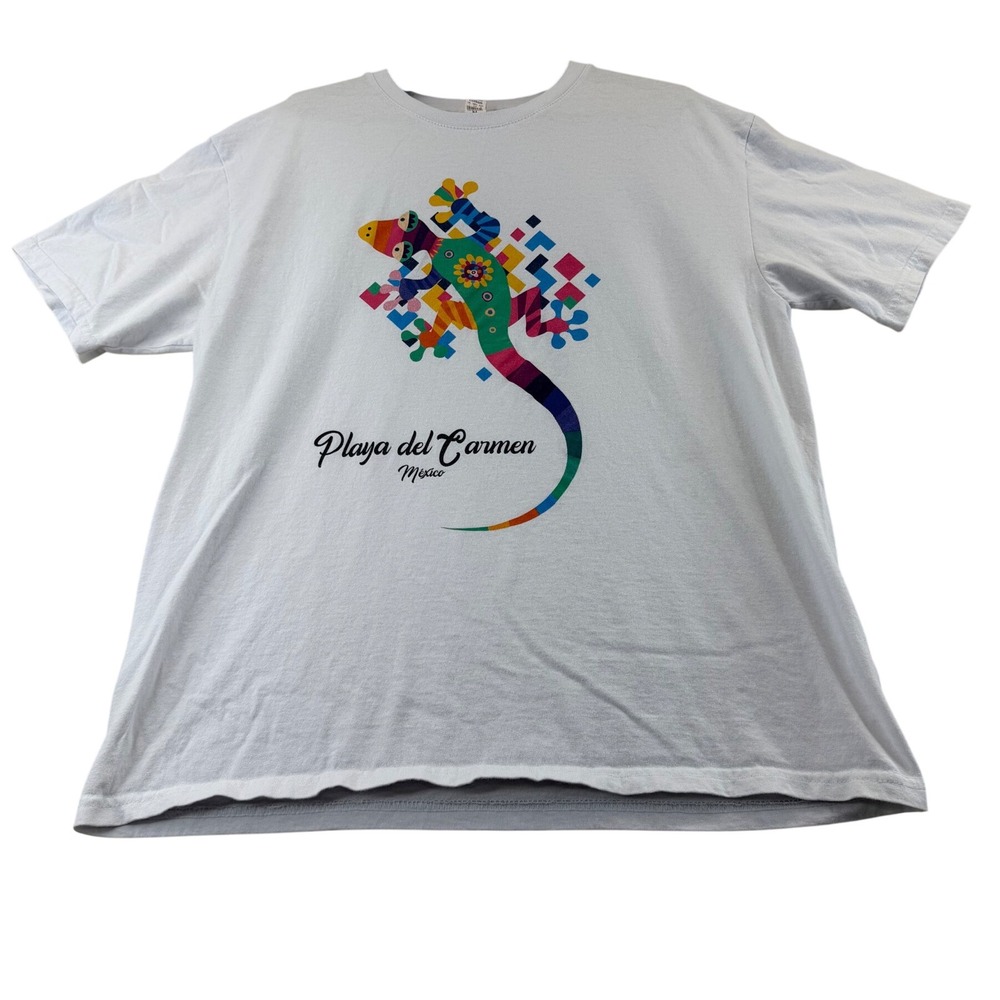 Euro Cotton T-Shirt Mens L White Playa del Carmen Mexico Gecko Graphic Souvenir